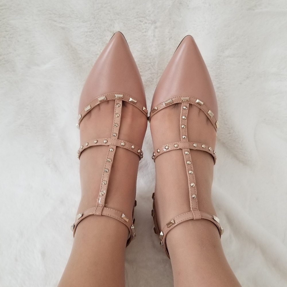 Light mauve colored strappy wide width pumps